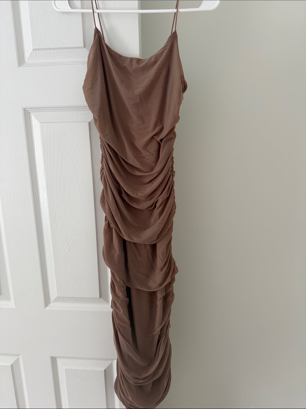 Light Brown/Mauve Ruched Midi Slip Dress